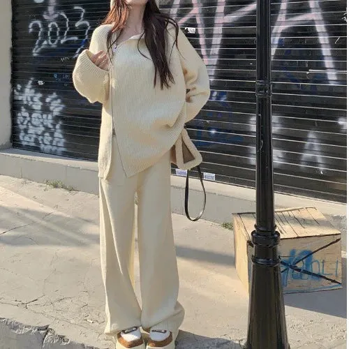 Suitable for Pregnant Women Suit Loose and Idle Side Zipper Turtleneck Knitting Sweater Loose Pants Two Piece Set for Pregnant Women