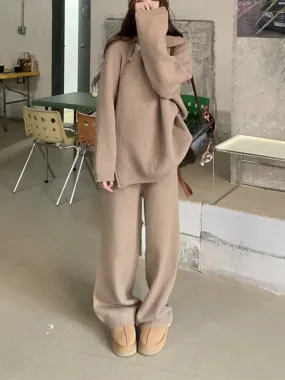 Suitable for Pregnant Women Suit Loose and Idle Side Zipper Turtleneck Knitting Sweater Loose Pants Two Piece Set for Pregnant Women