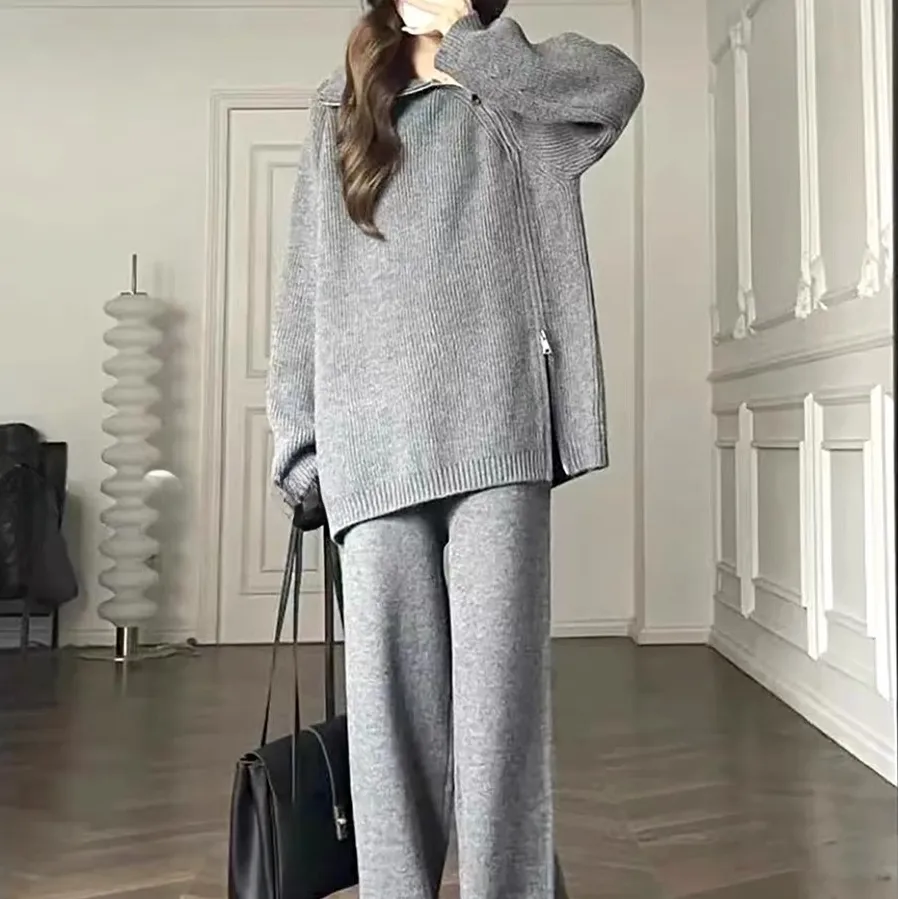 Suitable for Pregnant Women Suit Loose and Idle Side Zipper Turtleneck Knitting Sweater Loose Pants Two Piece Set for Pregnant Women