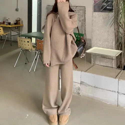 Suitable for Pregnant Women Suit Loose and Idle Side Zipper Turtleneck Knitting Sweater Loose Pants Two Piece Set for Pregnant Women