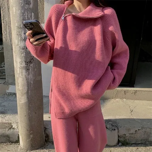 Suitable for Pregnant Women Suit Loose and Idle Side Zipper Turtleneck Knitting Sweater Loose Pants Two Piece Set for Pregnant Women