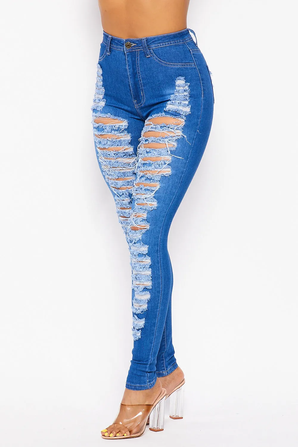 Super High Waisted Super Distressed Skinny Jeans - Medium Denim