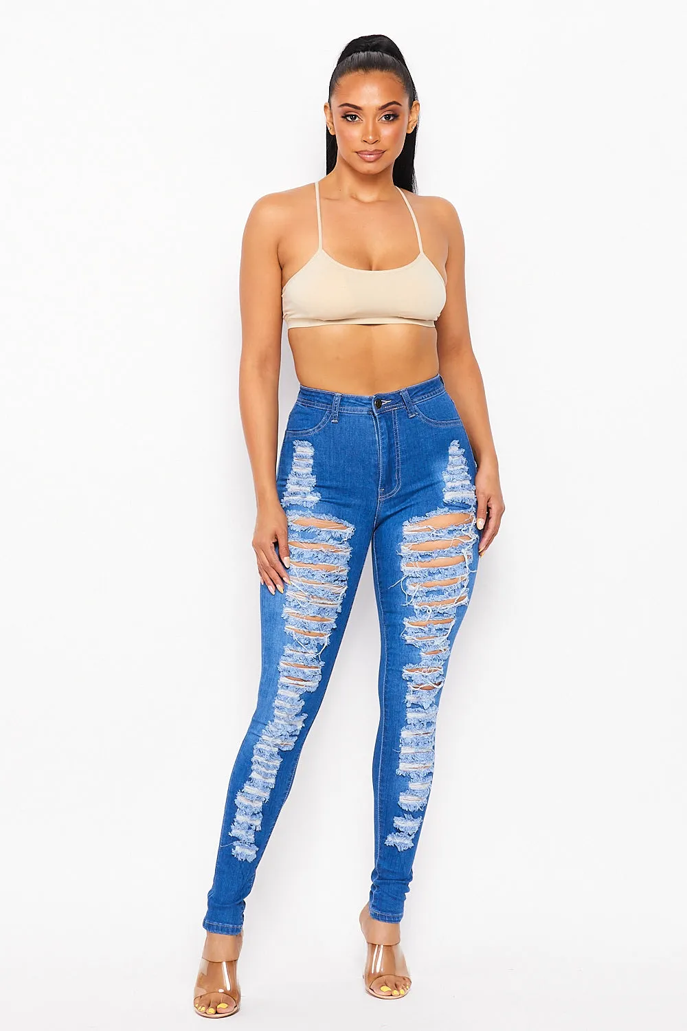 Super High Waisted Super Distressed Skinny Jeans - Medium Denim