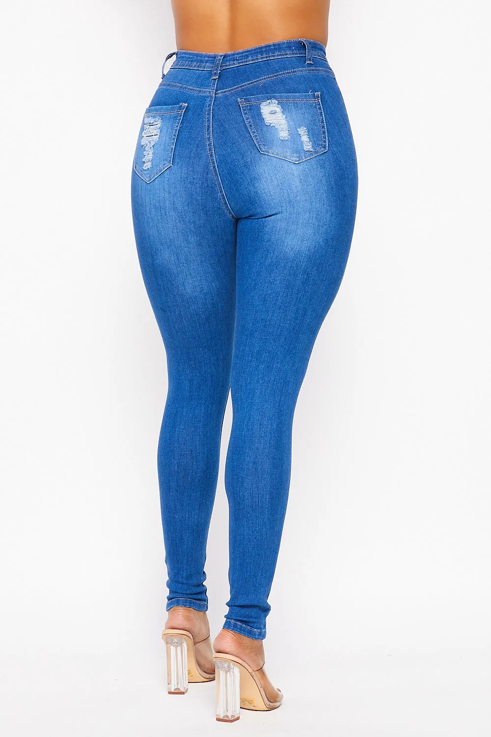 Super High Waisted Super Distressed Skinny Jeans - Medium Denim