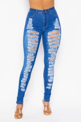 Super High Waisted Super Distressed Skinny Jeans - Medium Denim