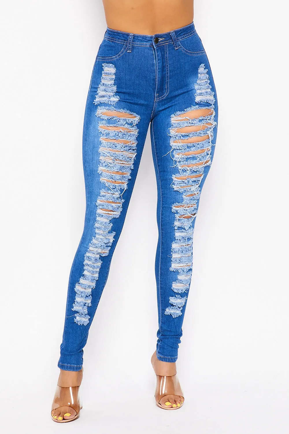 Super High Waisted Super Distressed Skinny Jeans - Medium Denim