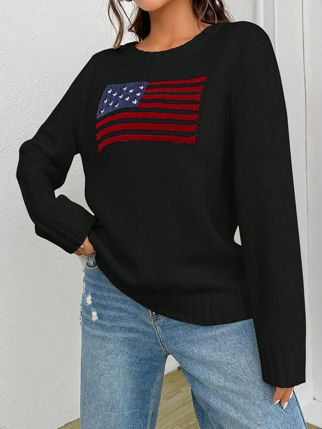 SweatyRocks Women's Flag Pattern Long Sleeve Round Neck Sweater Casual Loose Pullover Sweater