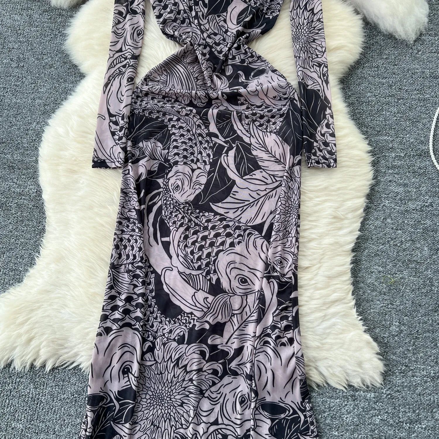 Turtleneck Printed Thin Mesh Dress