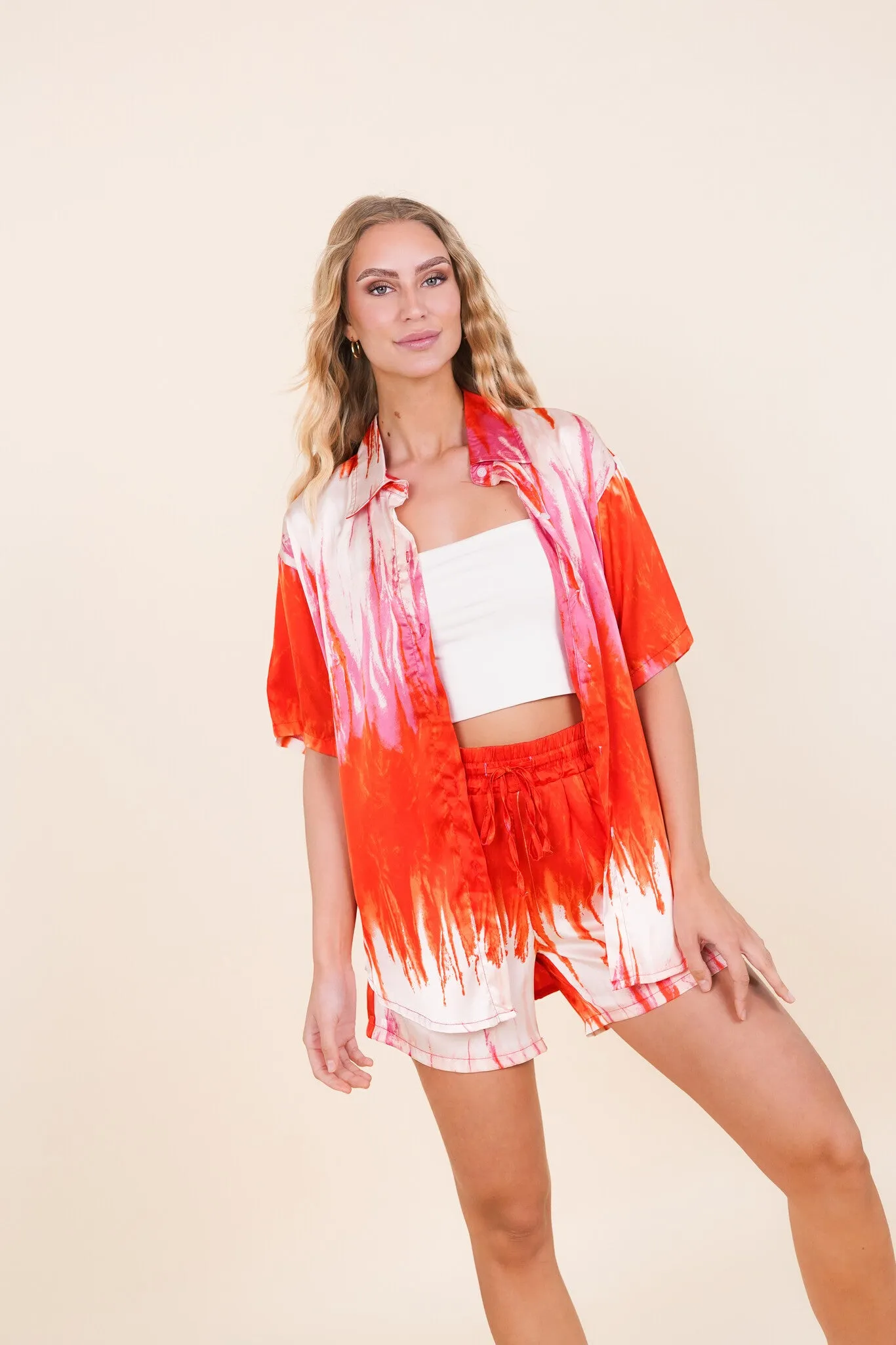 Two piece set satijn met print rood