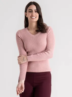 V-Neck Rib Sweater - Pink