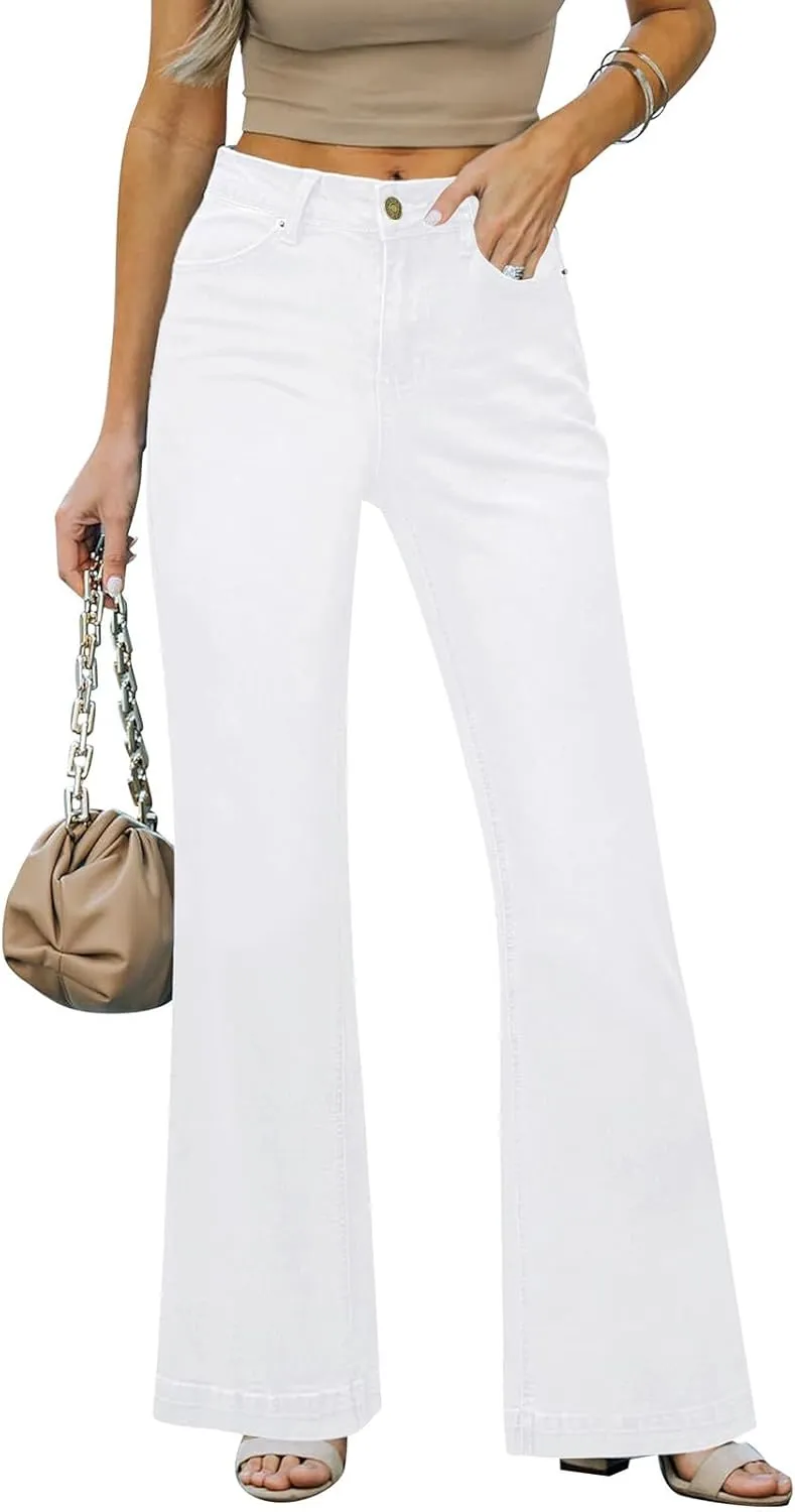 Wide Leg Jeans for Women Mid-Rise Stretchy Baggy Jeans Distressed Denim Pants Trendy