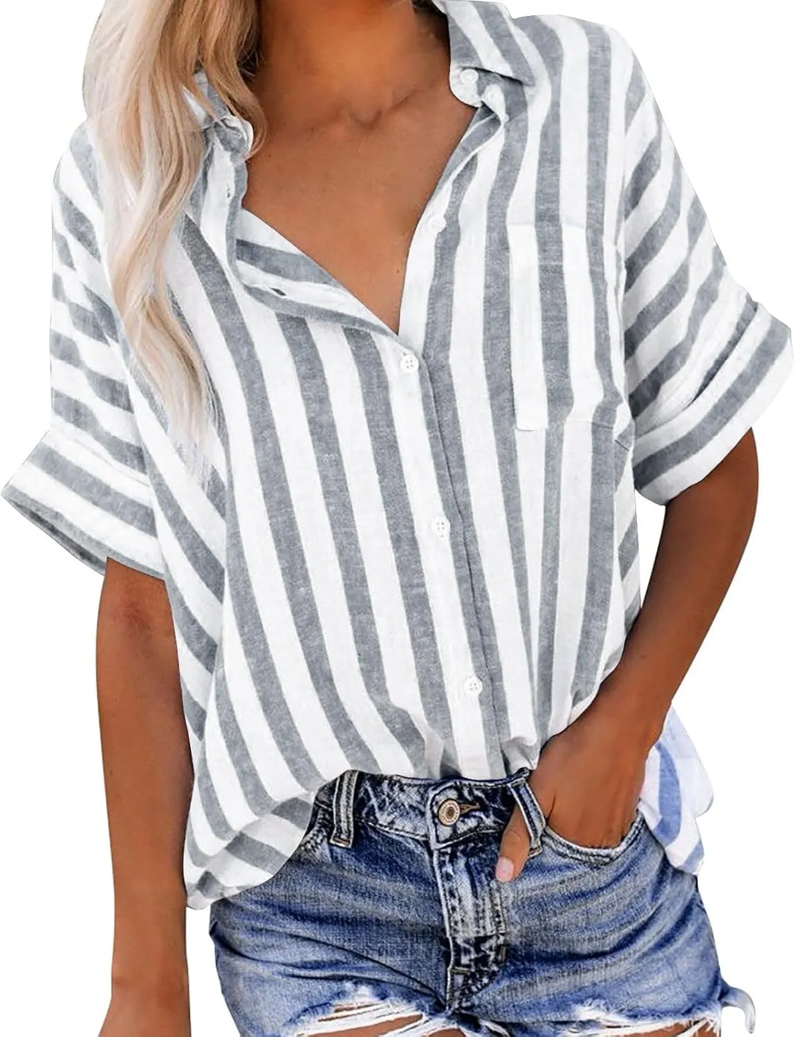 Women Button Down Striped Shirts Cotton Linen Summer Blouse Collared Short Sleeve Comfy Tops Work Office Wear Clothing
