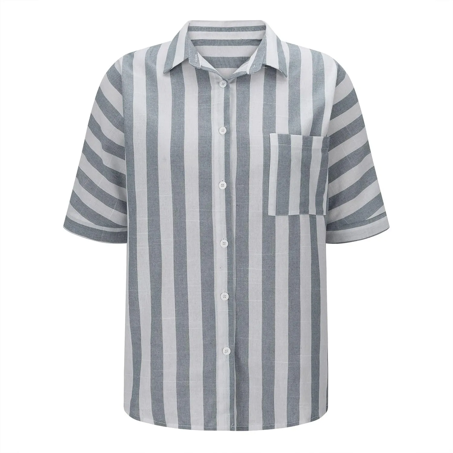 Women Button Down Striped Shirts Cotton Linen Summer Blouse Collared Short Sleeve Comfy Tops Work Office Wear Clothing