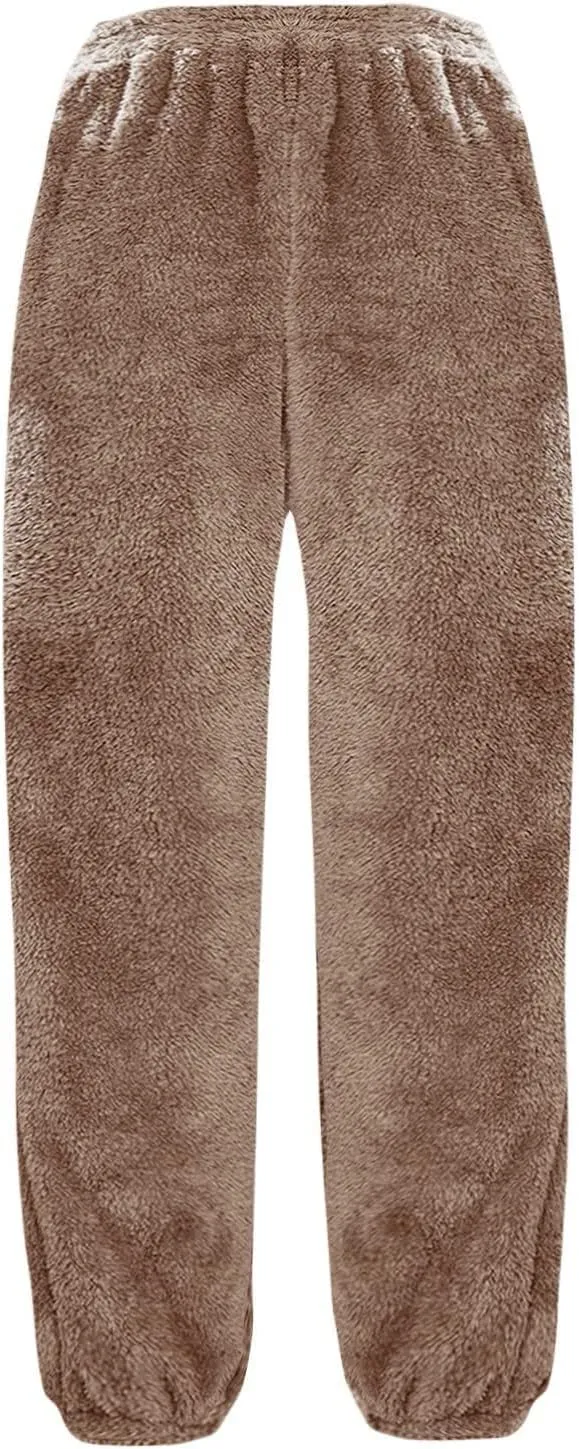 Women High Waist Plush Pants Soft Warm Fleece Full Length Pant Solid Lounge Loose Trousers Fuzzy Drawstring Pants
