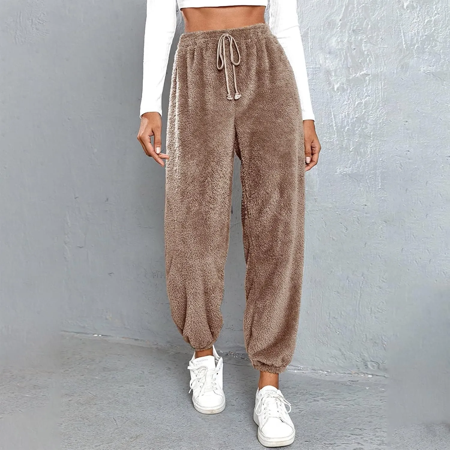 Women High Waist Plush Pants Soft Warm Fleece Full Length Pant Solid Lounge Loose Trousers Fuzzy Drawstring Pants