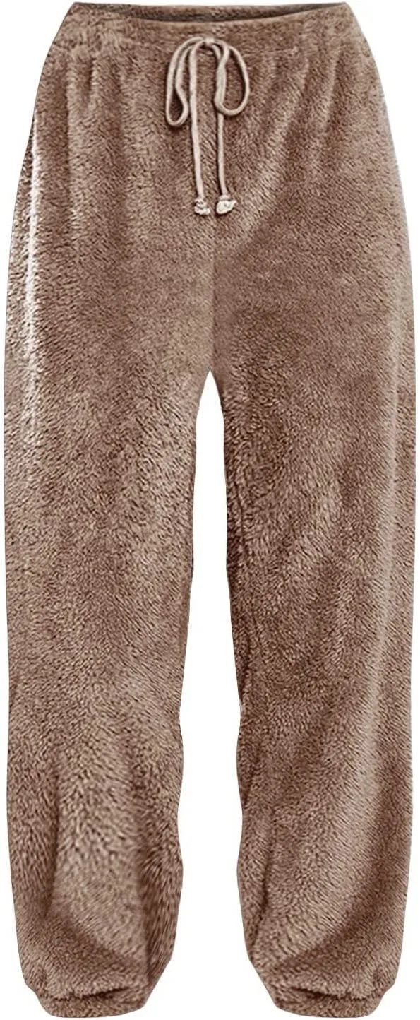 Women High Waist Plush Pants Soft Warm Fleece Full Length Pant Solid Lounge Loose Trousers Fuzzy Drawstring Pants