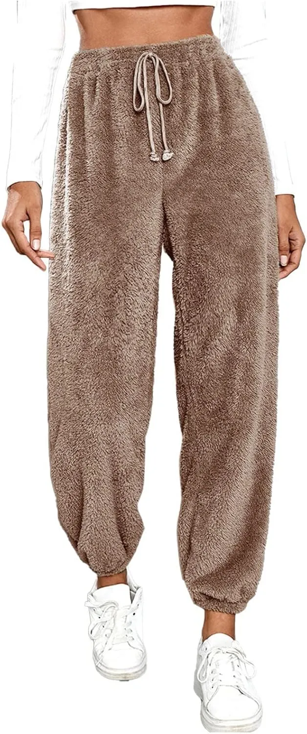 Women High Waist Plush Pants Soft Warm Fleece Full Length Pant Solid Lounge Loose Trousers Fuzzy Drawstring Pants