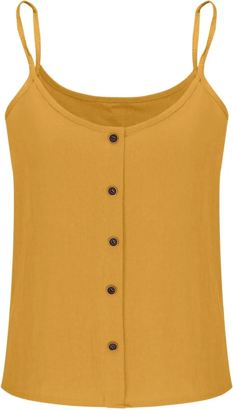 Women's Cotton Linen Camisole Tops Fashion Beach Sexy Tops Summer Button Down Tank Top Solid Vacation Comfy Clothes