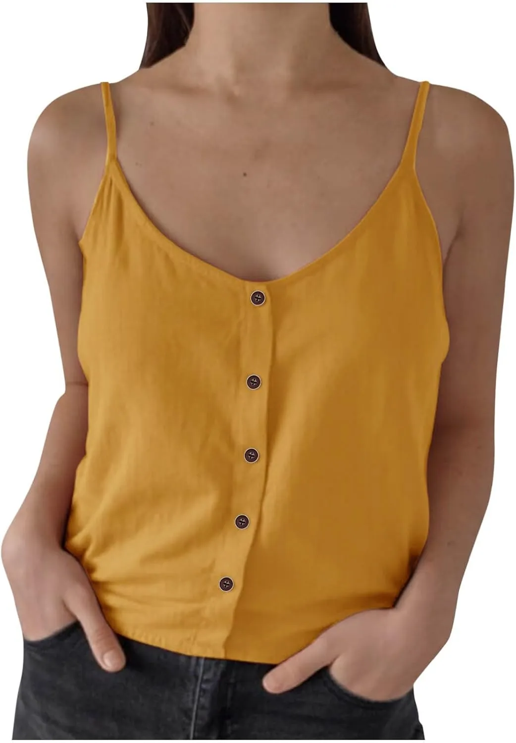 Women's Cotton Linen Camisole Tops Fashion Beach Sexy Tops Summer Button Down Tank Top Solid Vacation Comfy Clothes
