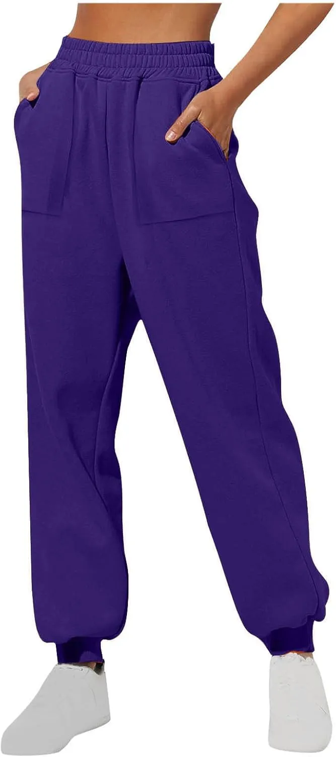 Womens Fleece Lined Baggy Cinch Bottom Sweatpants Sport Solid Color Yoga with Pockets Trousers Loose Fit Casual Soft