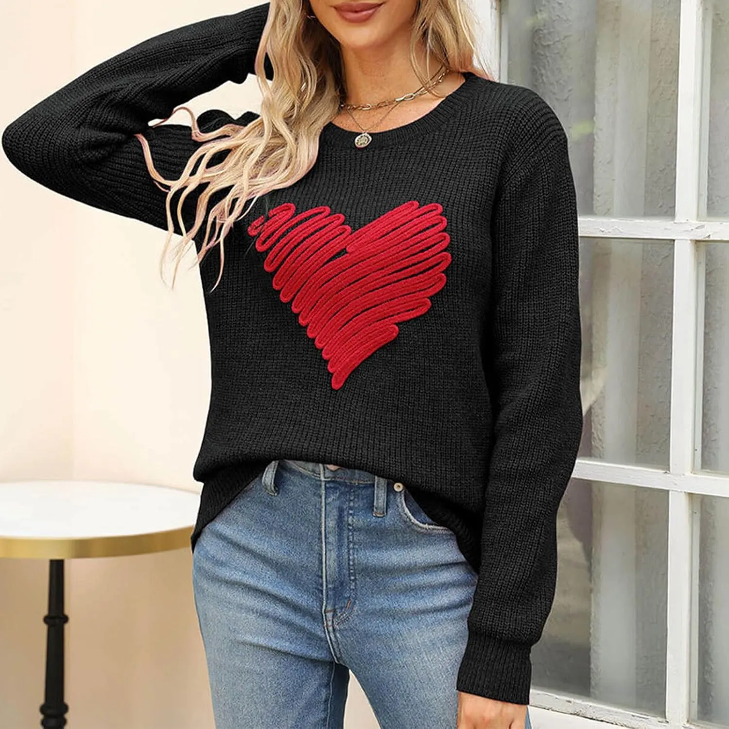 Women's Love Heart Pullover Sweater Long Sleeve Crewneck Sweater Oversized Knit Sweater