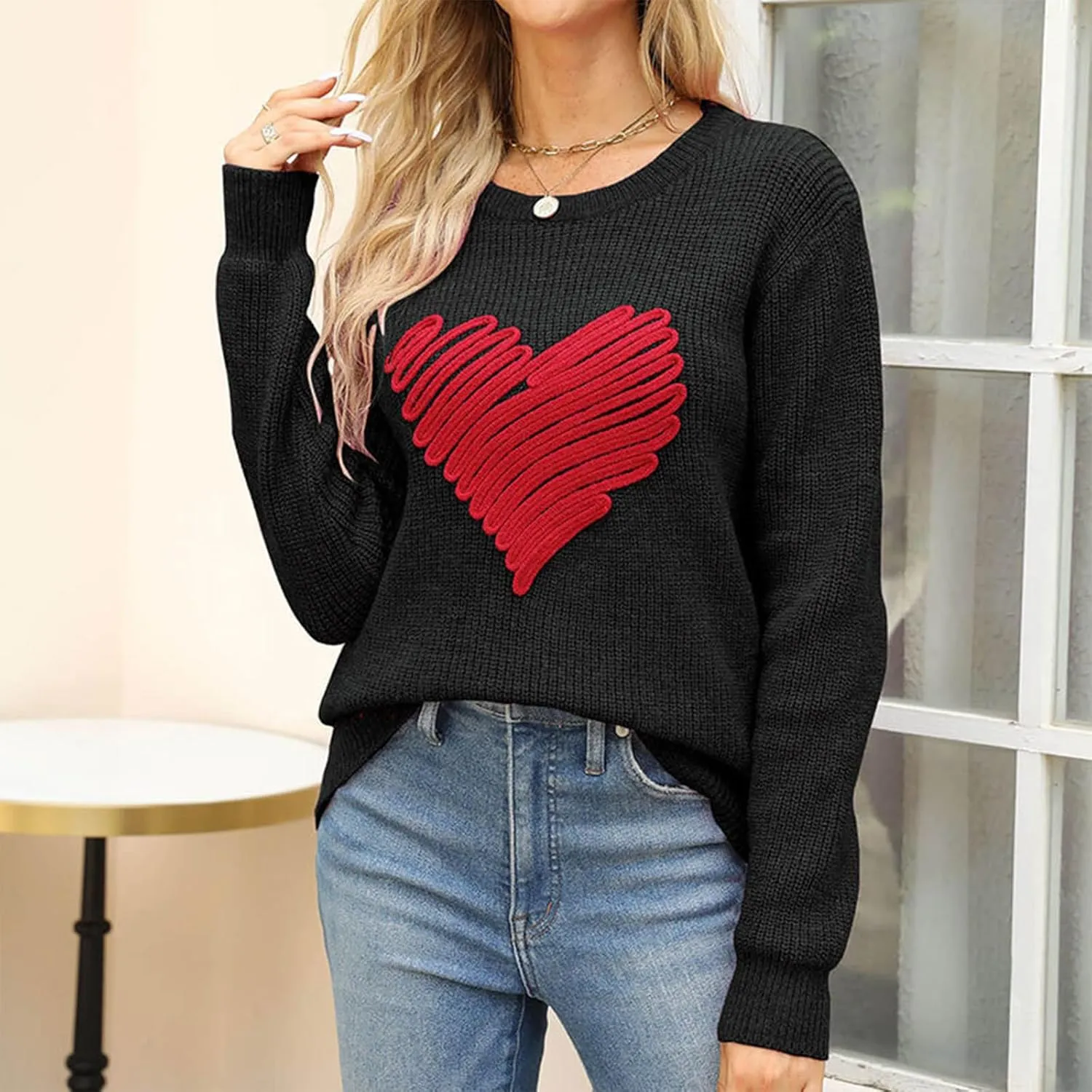Women's Love Heart Pullover Sweater Long Sleeve Crewneck Sweater Oversized Knit Sweater