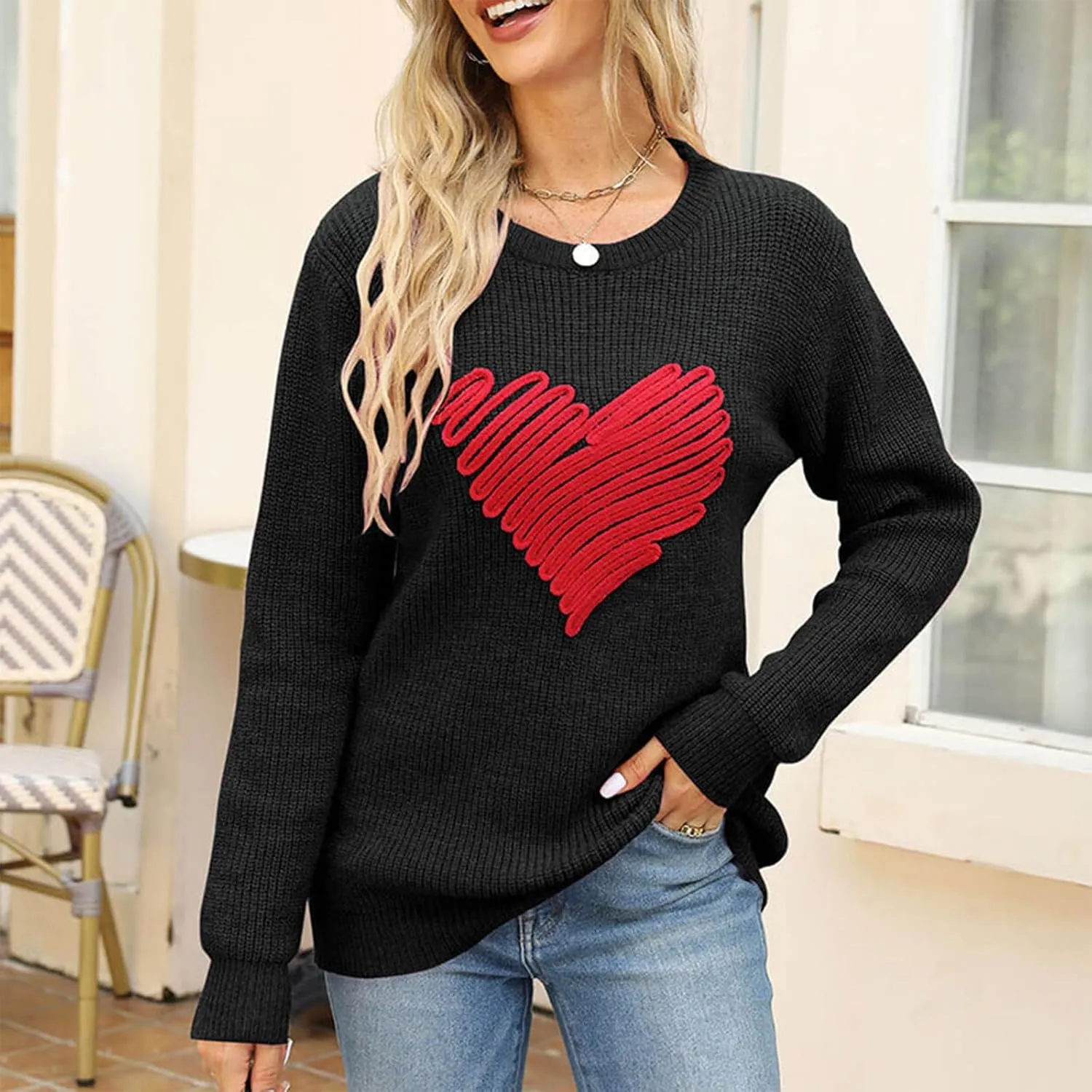 Women's Love Heart Pullover Sweater Long Sleeve Crewneck Sweater Oversized Knit Sweater
