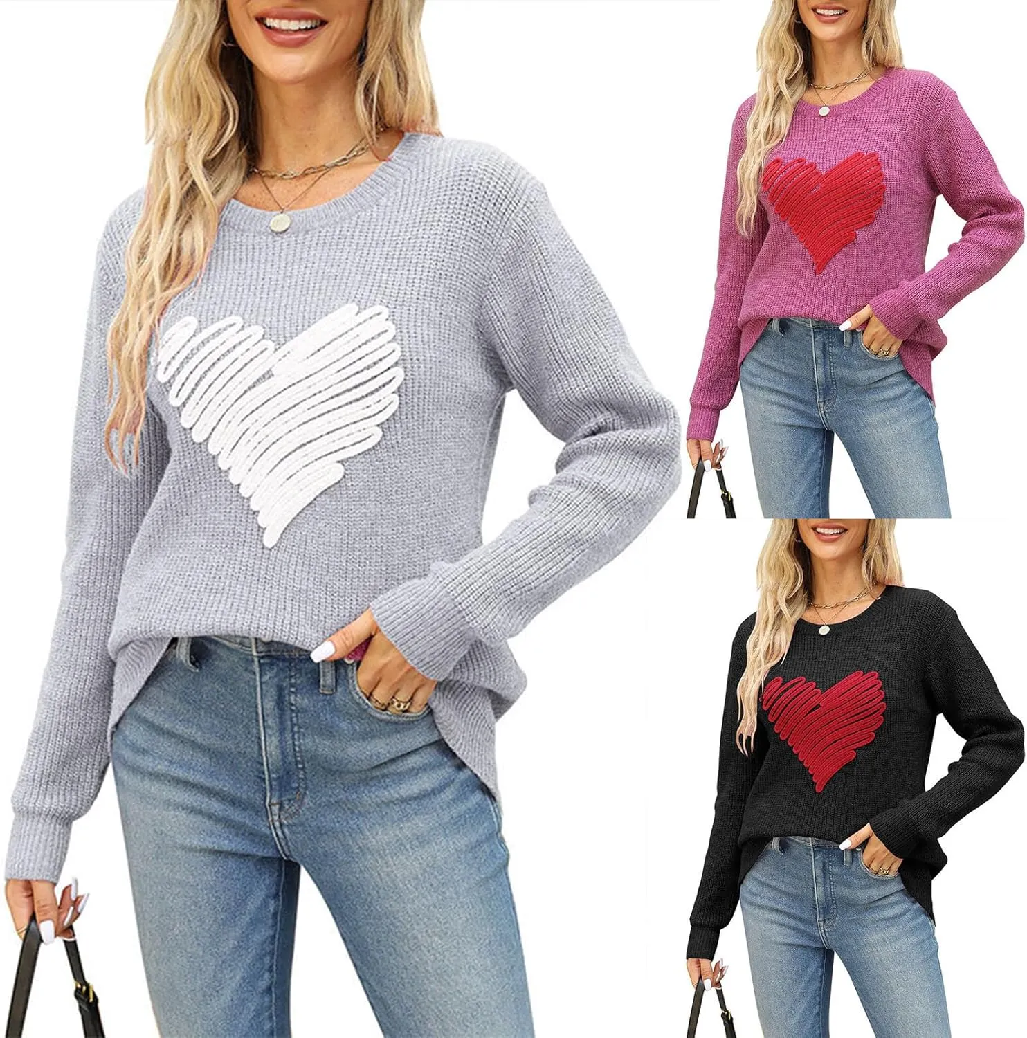 Women's Love Heart Pullover Sweater Long Sleeve Crewneck Sweater Oversized Knit Sweater