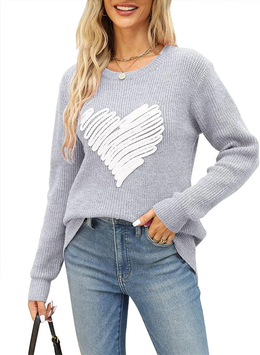 Women's Love Heart Pullover Sweater Long Sleeve Crewneck Sweater Oversized Knit Sweater