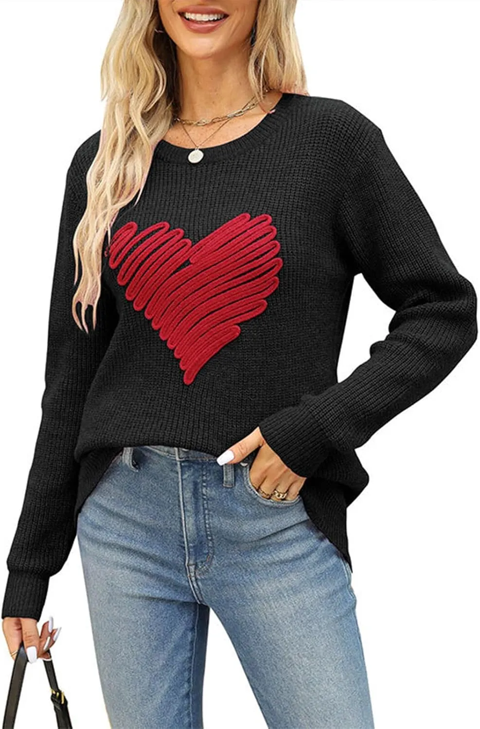 Women's Love Heart Pullover Sweater Long Sleeve Crewneck Sweater Oversized Knit Sweater