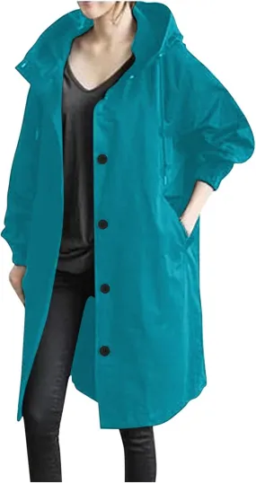 XUNRYAN Women's Windbreaker Waterproof Lightweight Rain Jacket Active Outdoor Hooded Raincoat Light Thin Maxi Long Coat